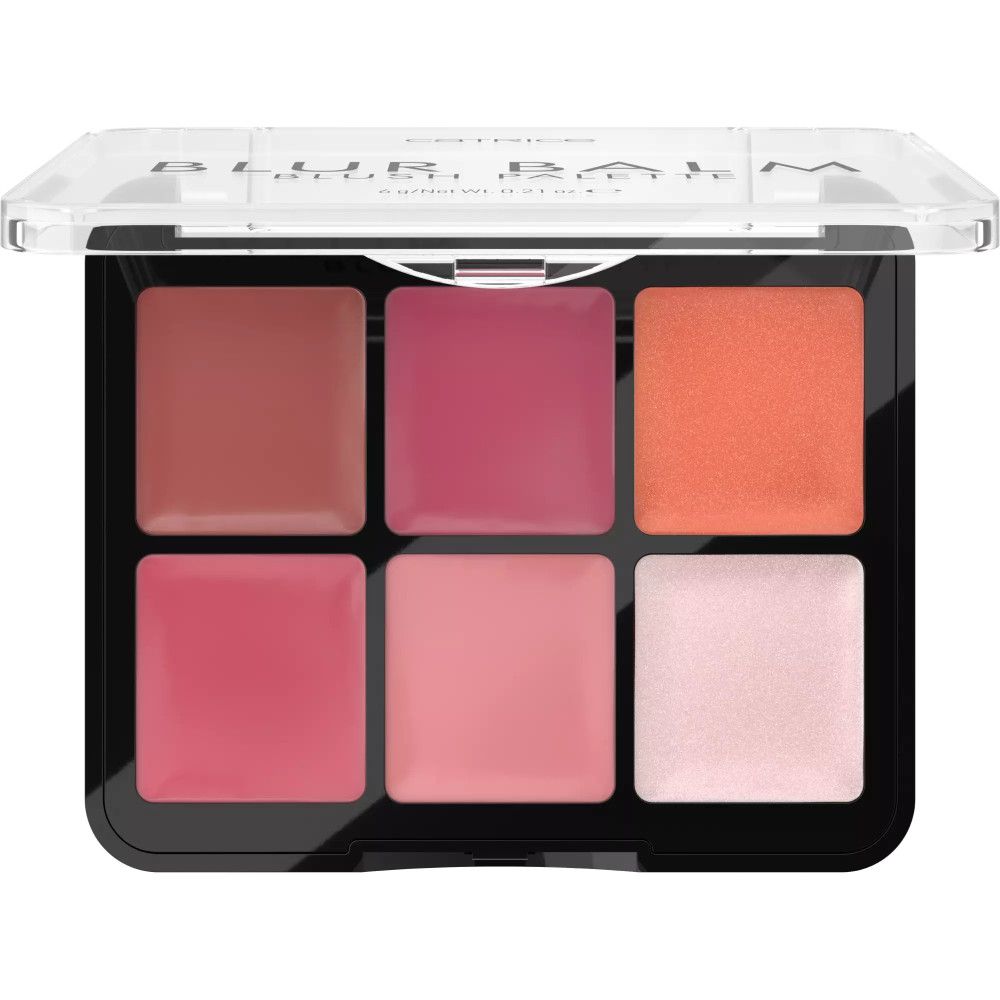 Rouge-Palette Blur Balm met zes tinten in een transparante verpakking.