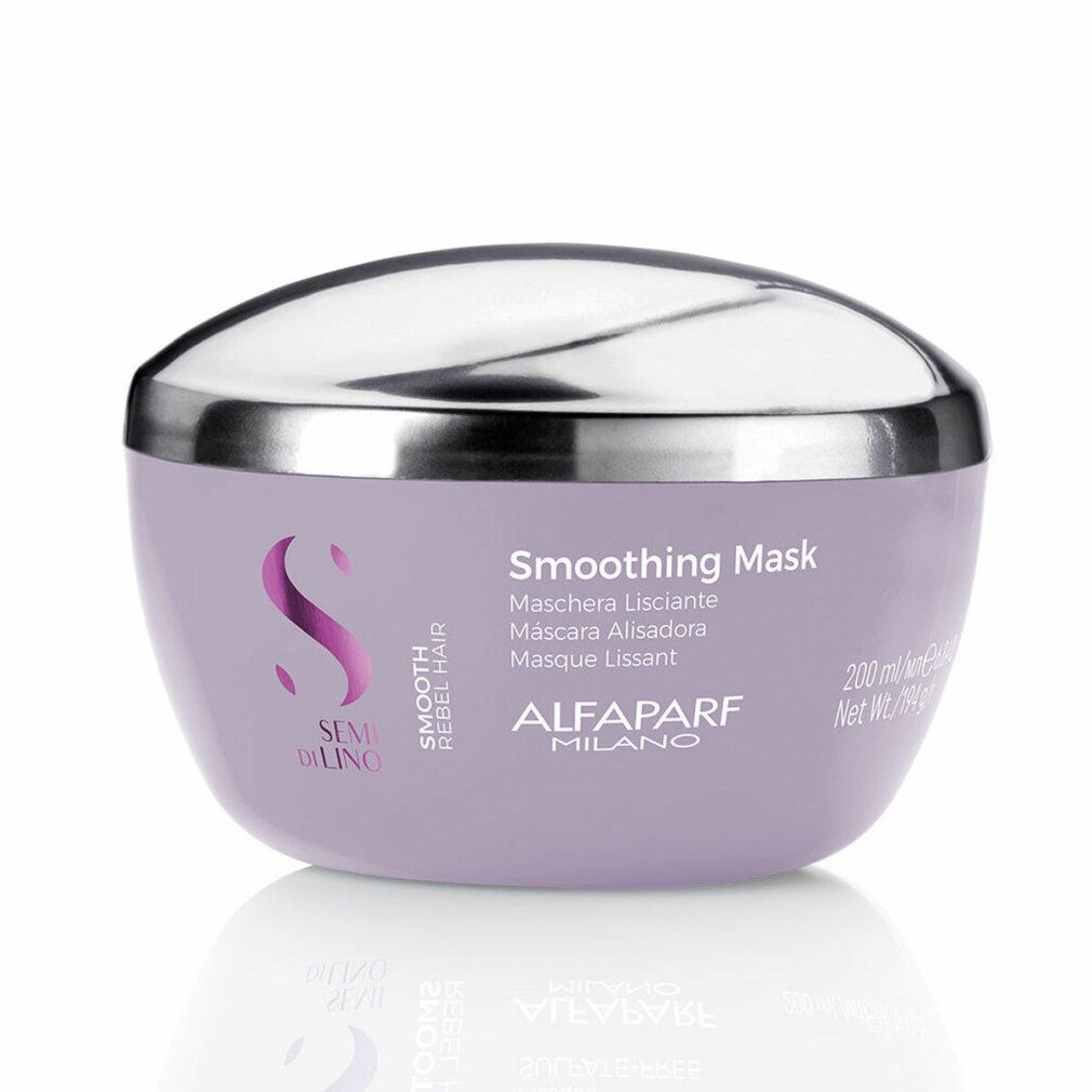 Paarse pot met zilveren deksel. Opschrift: Smoothing Mask, Semi di Lino, Alfaparf Milano. Productnaam en merk zichtbaar.