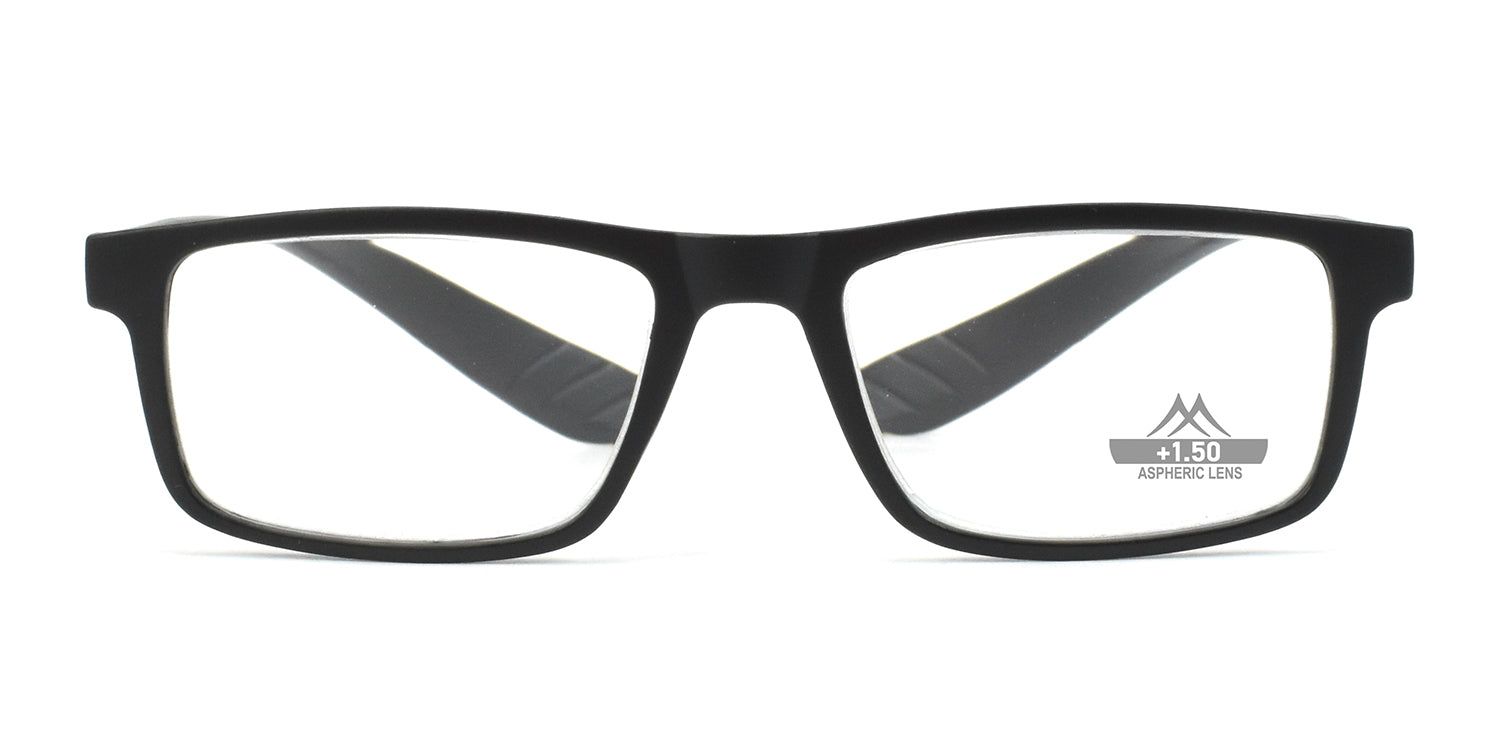 Lunettes noires à verres rectangulaires. "+1.50 ASPHERIC LENS" est inscrit sur un verre.