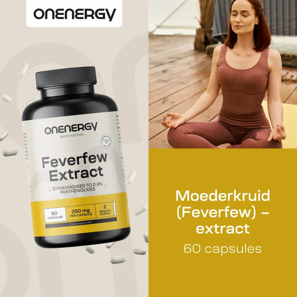 Fles OnEnergy Moederkruid extract en vrouw in meditatiehouding.