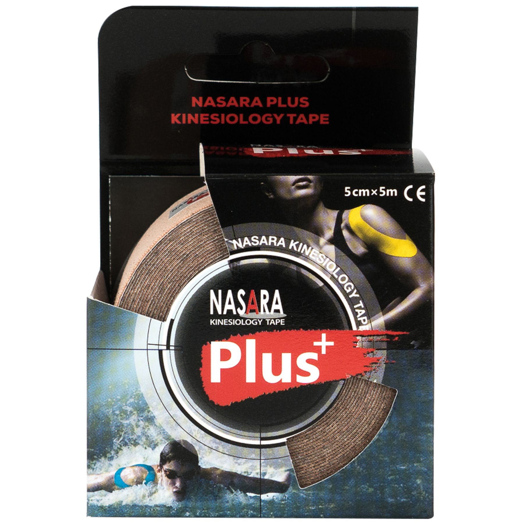 Emballage de NASARA Kinesio Tape. Inscription: NASARA PLUS KINESIOLOGY TAPE, 5cm x 5m. Image d'une personne avec du tape.