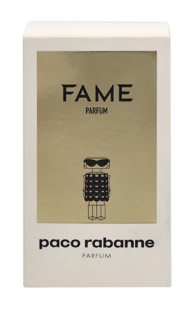 Emballage avec logo et nom du produit. Fond doré avec texte noir. Nom du produit : FAME.
