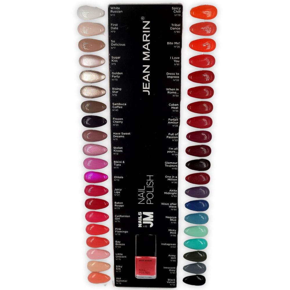 Nuancier de vernis à ongles. Différentes couleurs et noms. Logo Jean Marin et flacon de vernis.