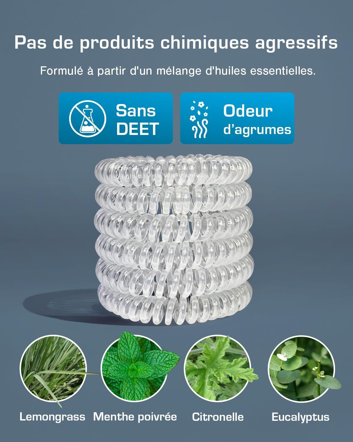 Pile de bracelets spirales transparents. Comprend des images de citronnelle, menthe poivrée, citronnelle et eucalyptus.