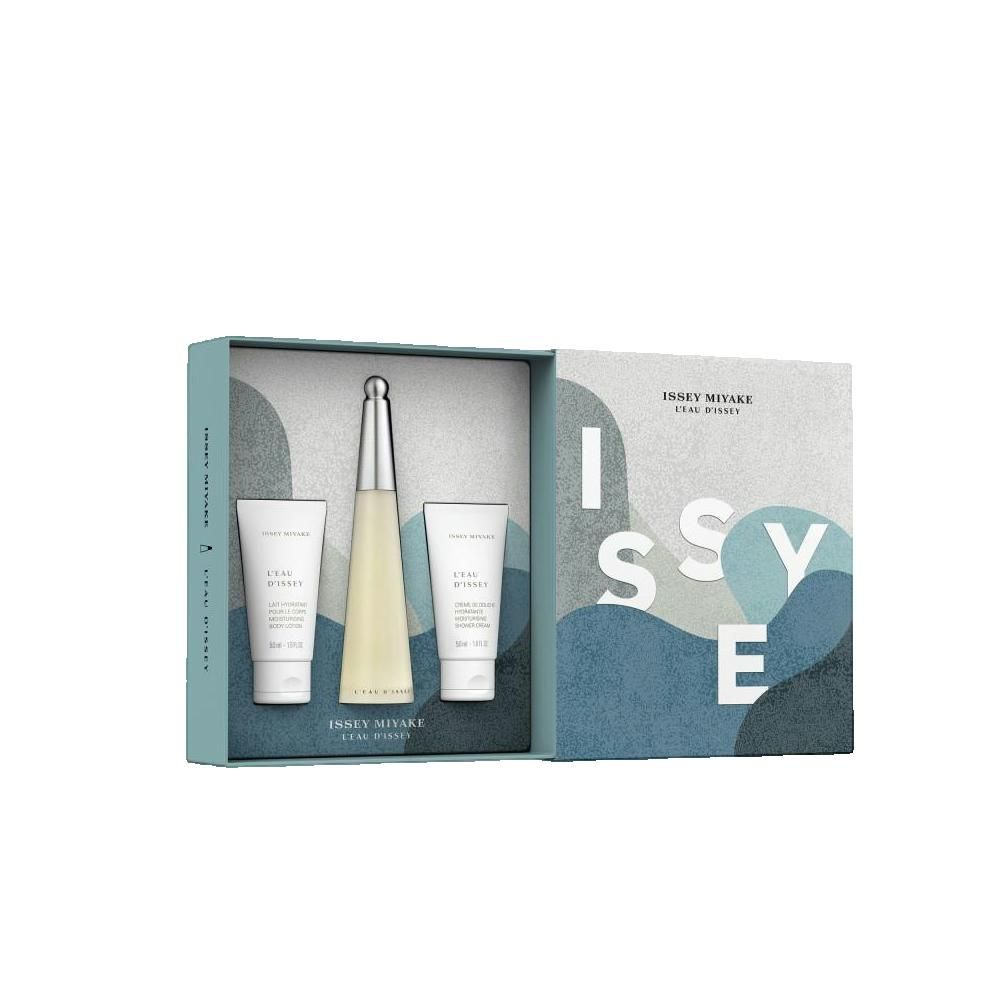 Geschenkset met flacon en twee tubes. Langwerpige flacon, zilveren dop. Verpakking met tekst.