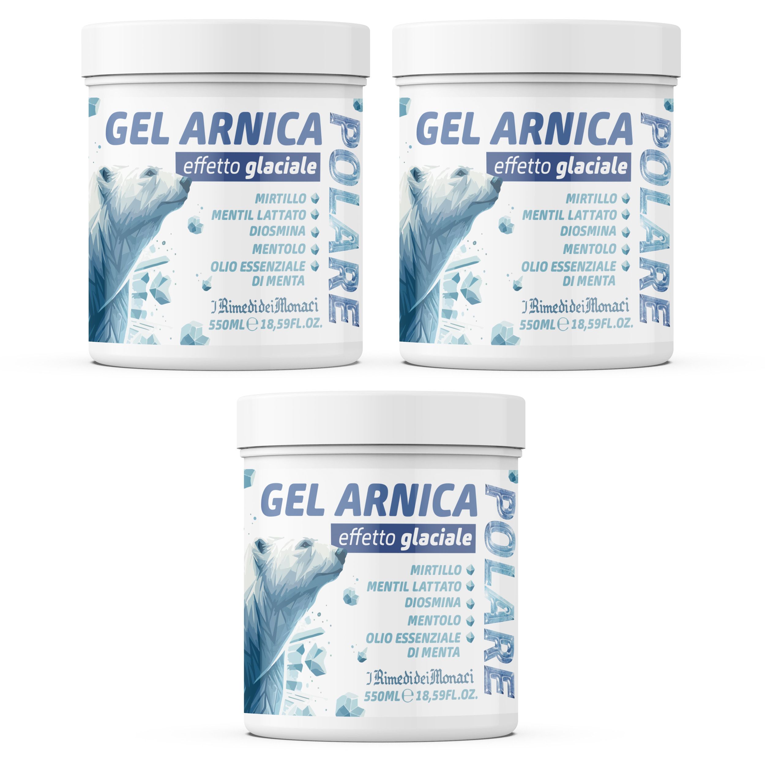 Drie witte potten met blauw etiket. Opschrift: GEL ARNICA, effetto glaciale. Ingrediënten en logo zichtbaar.