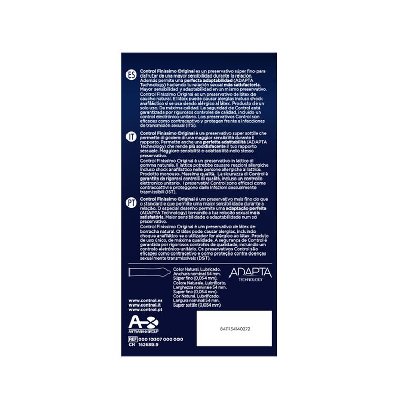 Arrière d'une boîte de préservatifs Control Finissimo Original avec informations et spécifications du produit.
