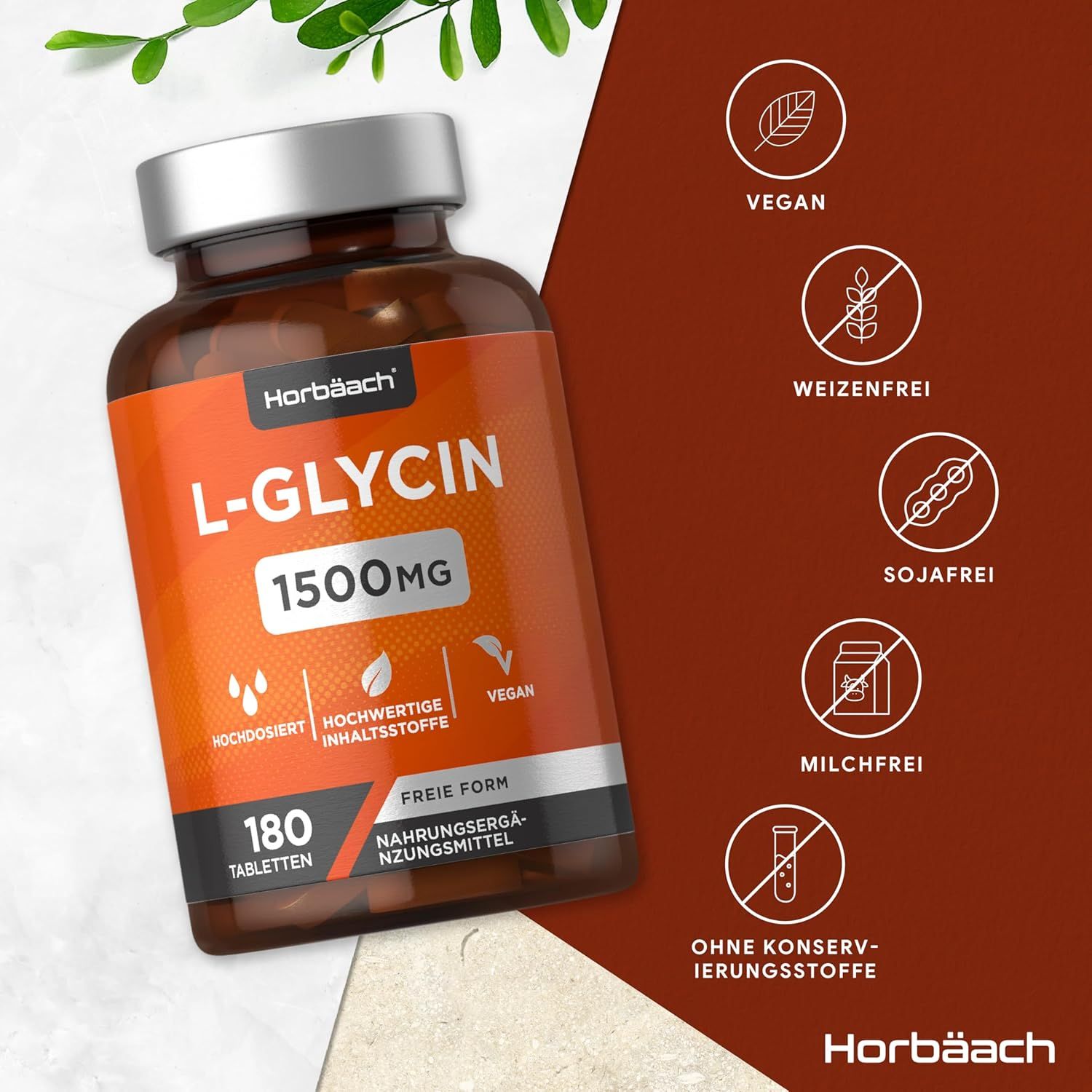 Flacon brun avec étiquette orange. Contient 180 comprimés de L-Glycine 1500mg. Vegan.