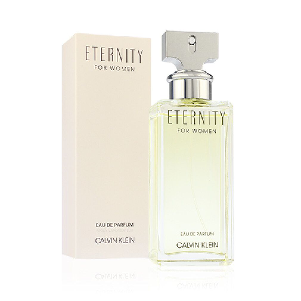 Flacon et emballage. Inscription 'Eternity for Women', 'Eau de Parfum' et 'Calvin Klein'.