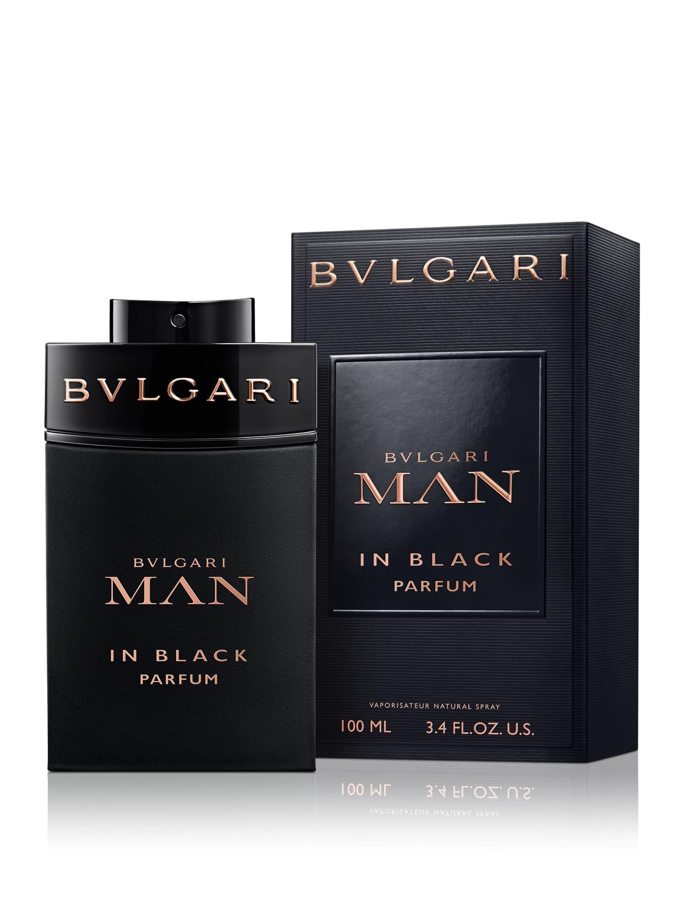 Flacon noir et emballage. Inscription Bvlgari Man In Black Parfum. Texte doré.