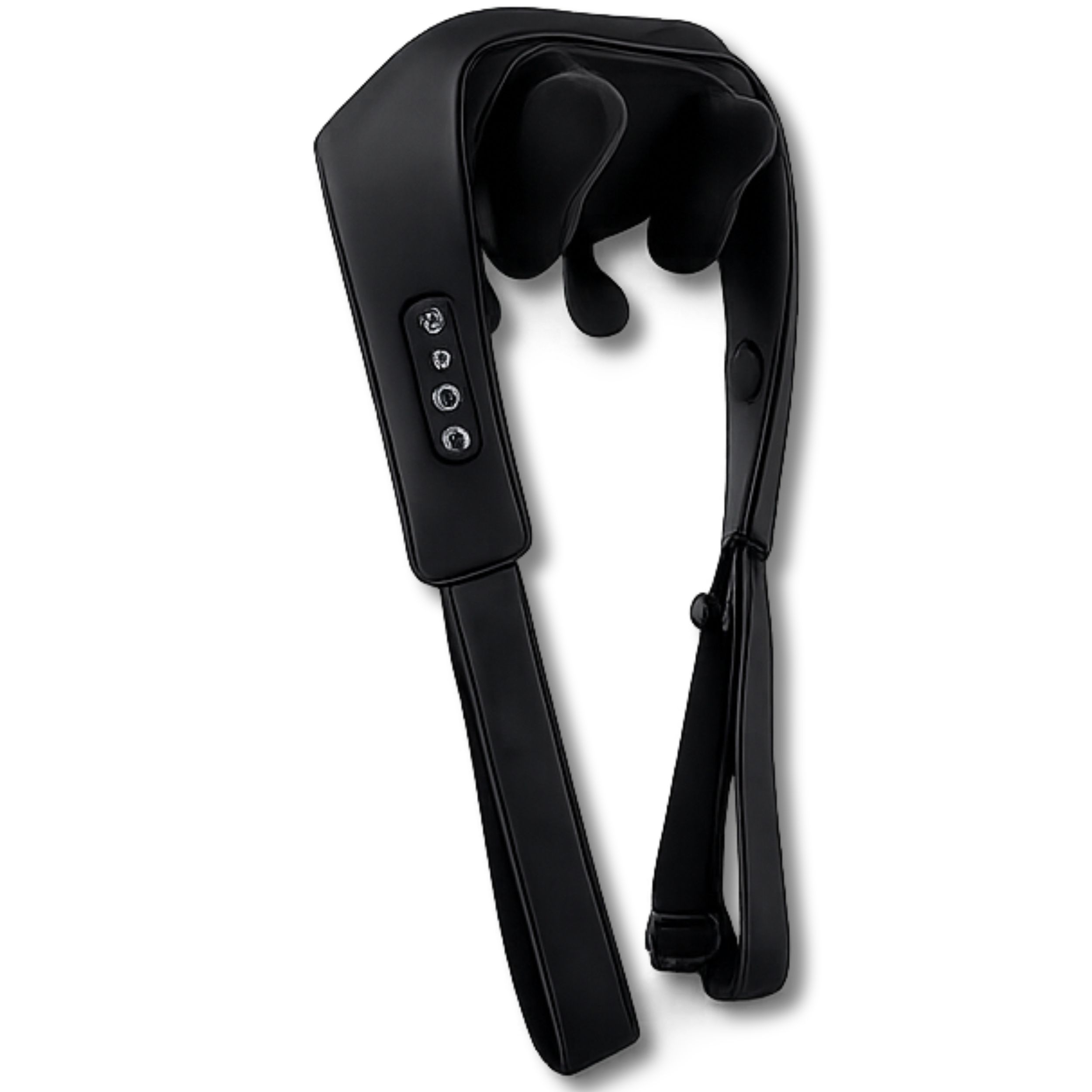 Zwarte nekmassager met riemen, bedieningselementen en massagekoppen.