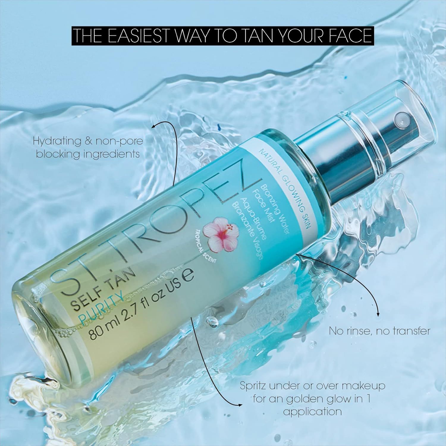 St.Tropez Self Tan Purity Water Bronzing Face Mist. Sprayfles, transparante vloeistof. Tekst: Hydraterend & niet-porie verstoppend. Voor gouden gloed.