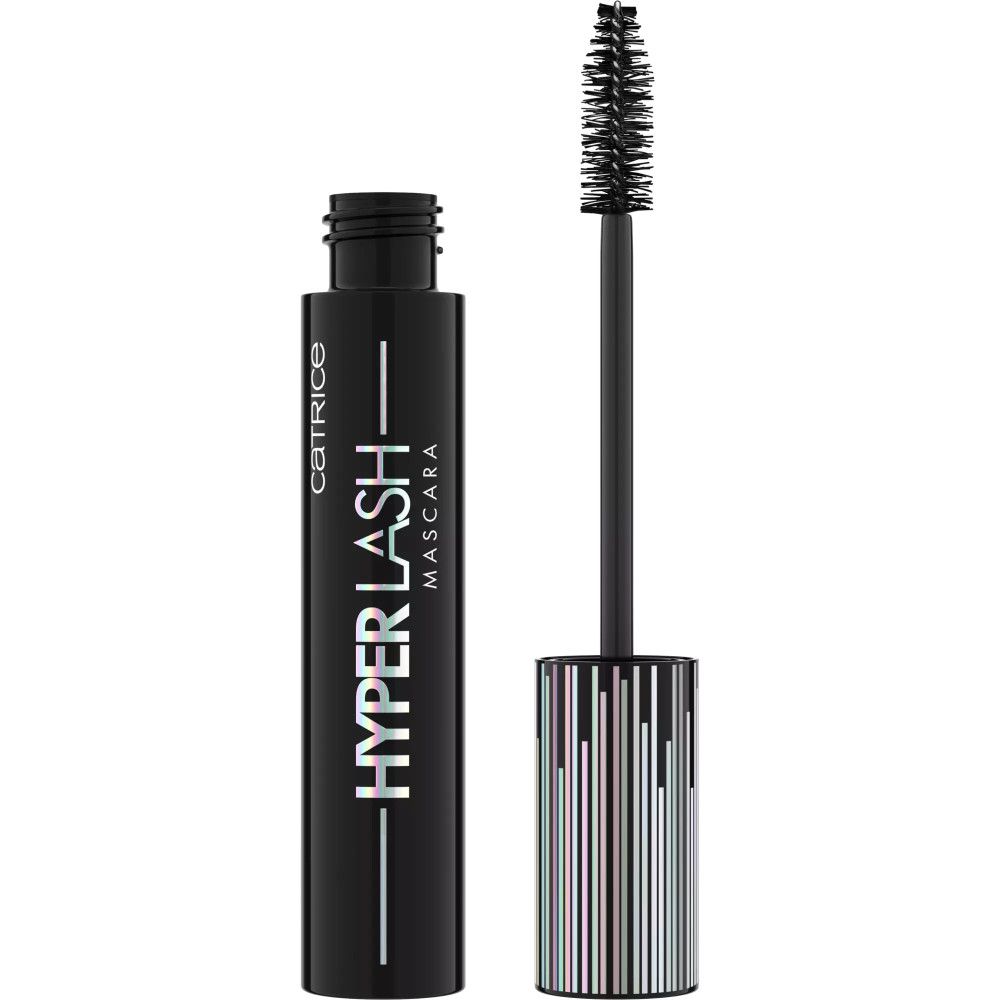Tube de mascara noir avec bouchon argenté et brosse sortie. "CATRICE HYPER LASH MASCARA" est écrit sur le tube.