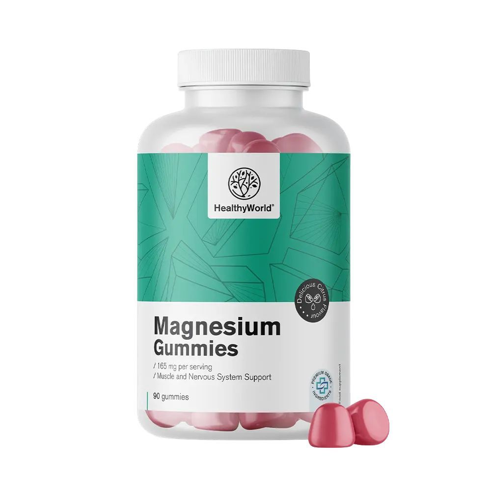 Transparante fles Magnesium Gummies. Rode gummies ernaast. Opschrift: HealthyWorld, Magnesium Gummies, 165 mg.
