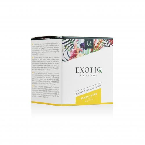 Vierkante verpakking met bloemenpatroon en tekst. Opschrift: EXOTIQ MASSAGE, AROMATIC MASSAGE CANDLE, YLANG YLANG.