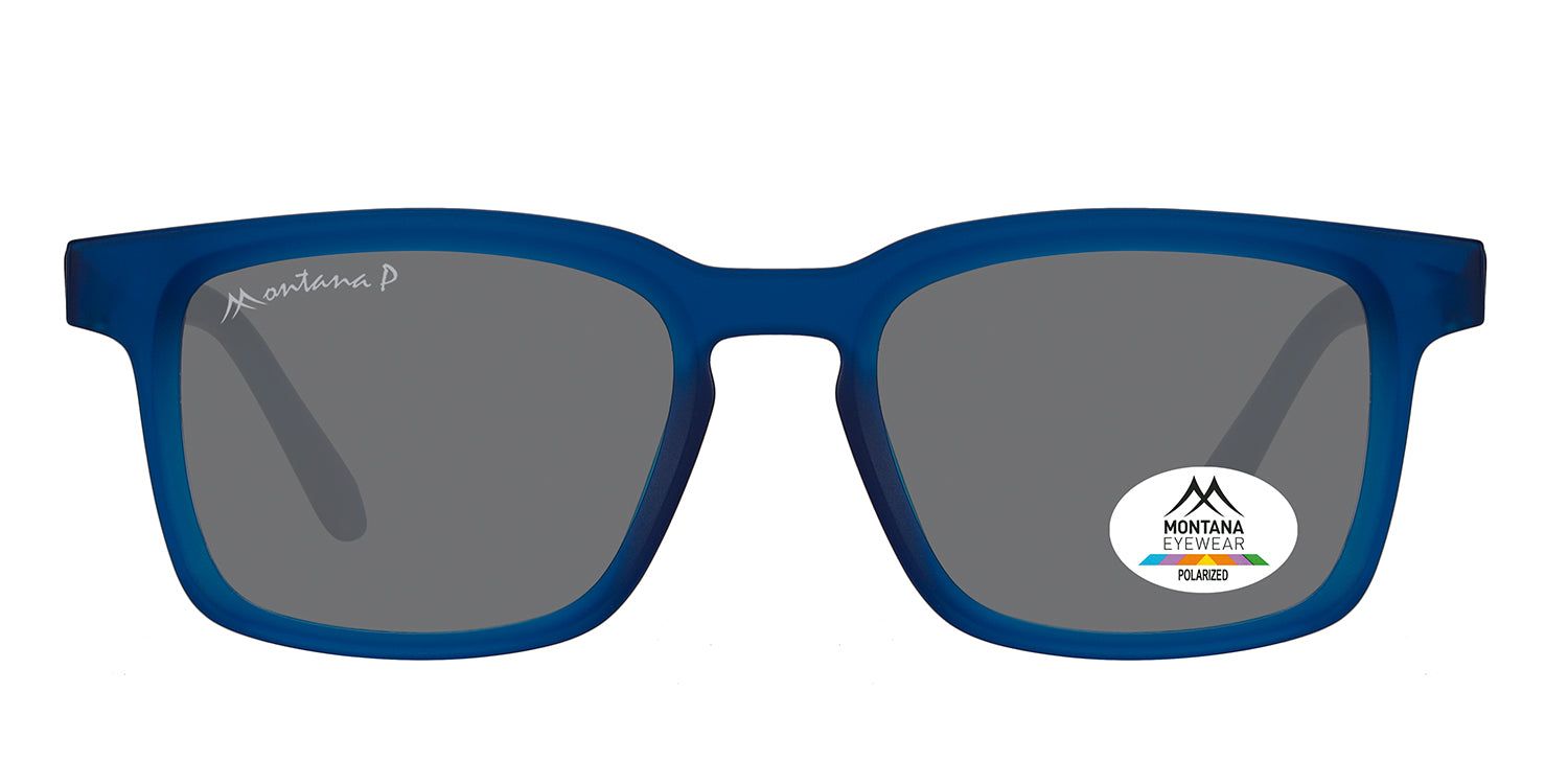 Blauwe Montana Eyewear zonnebril. Rechthoekige vorm, grijze glazen. Logo en Polarized sticker. Matte afwerking.