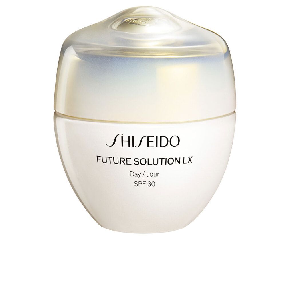 Witte crèmepot met deksel. Opschrift: SHISEIDO Future Solution LX Day / Jour SPF 30.