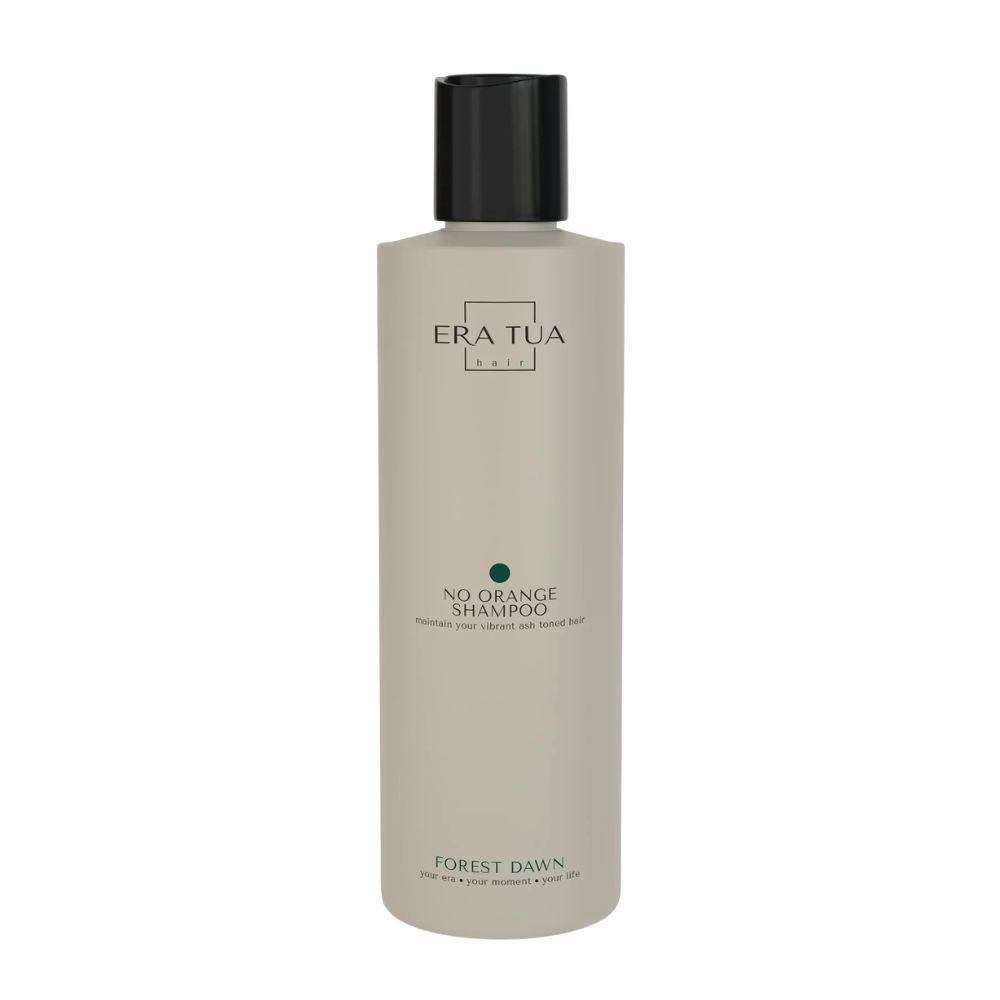 Bouteille de shampooing Era Tua No Orange Forest Dawn. Bouchon noir, point vert. Texte : No Orange Shampoo.