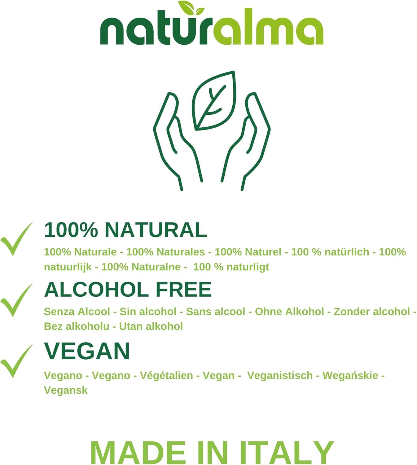 Texte avec logos et informations sur la nature. Contient des affirmations telles que "100% NATURAL", "ALCOHOL FREE" et "VEGAN". Fabriqué en Italie.
