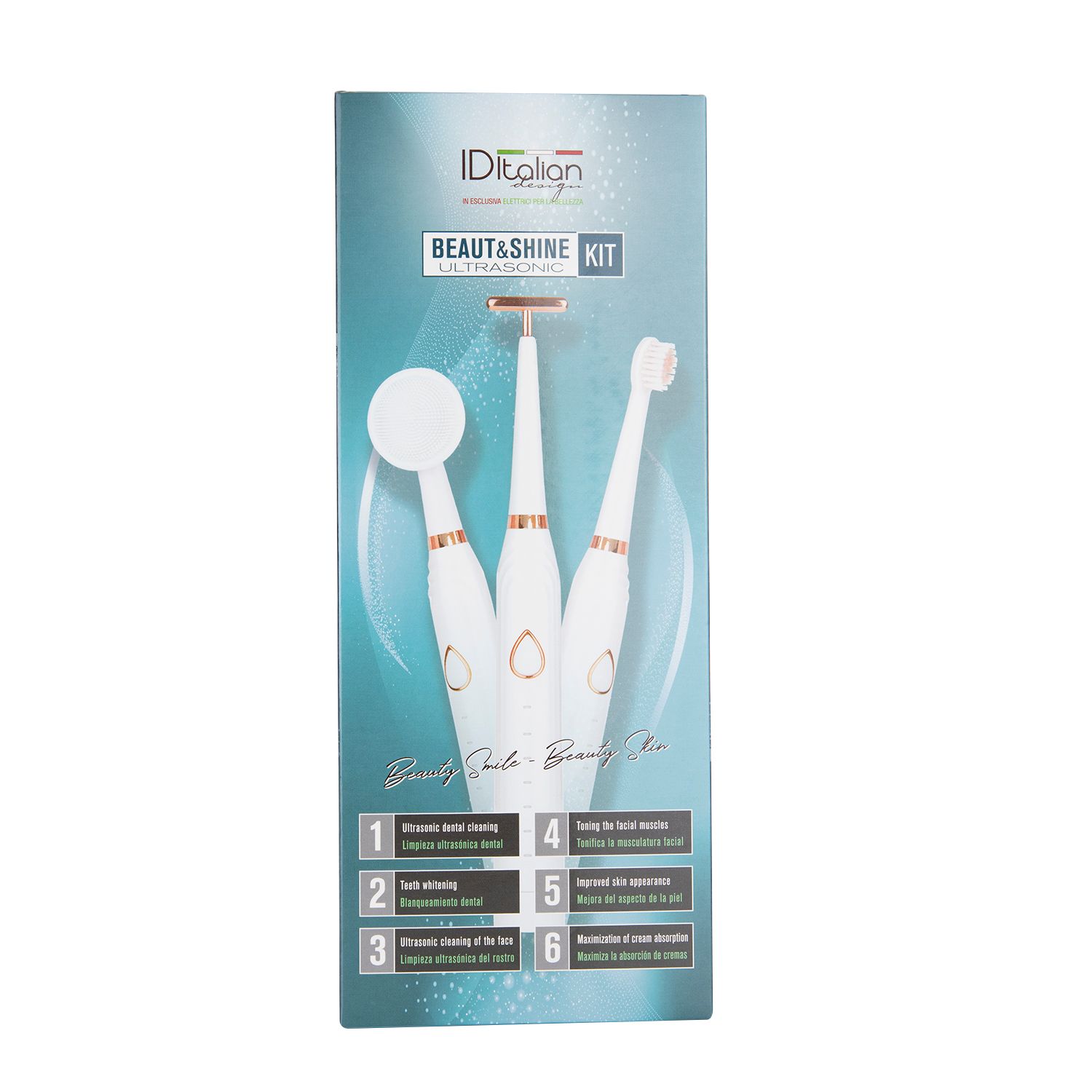 Emballage du kit avec illustration d'un kit de soins du visage et des dents à ultrasons 3-en-1 blanc et or rose. Contient base, têtes de brosse, rasoir et brosse.