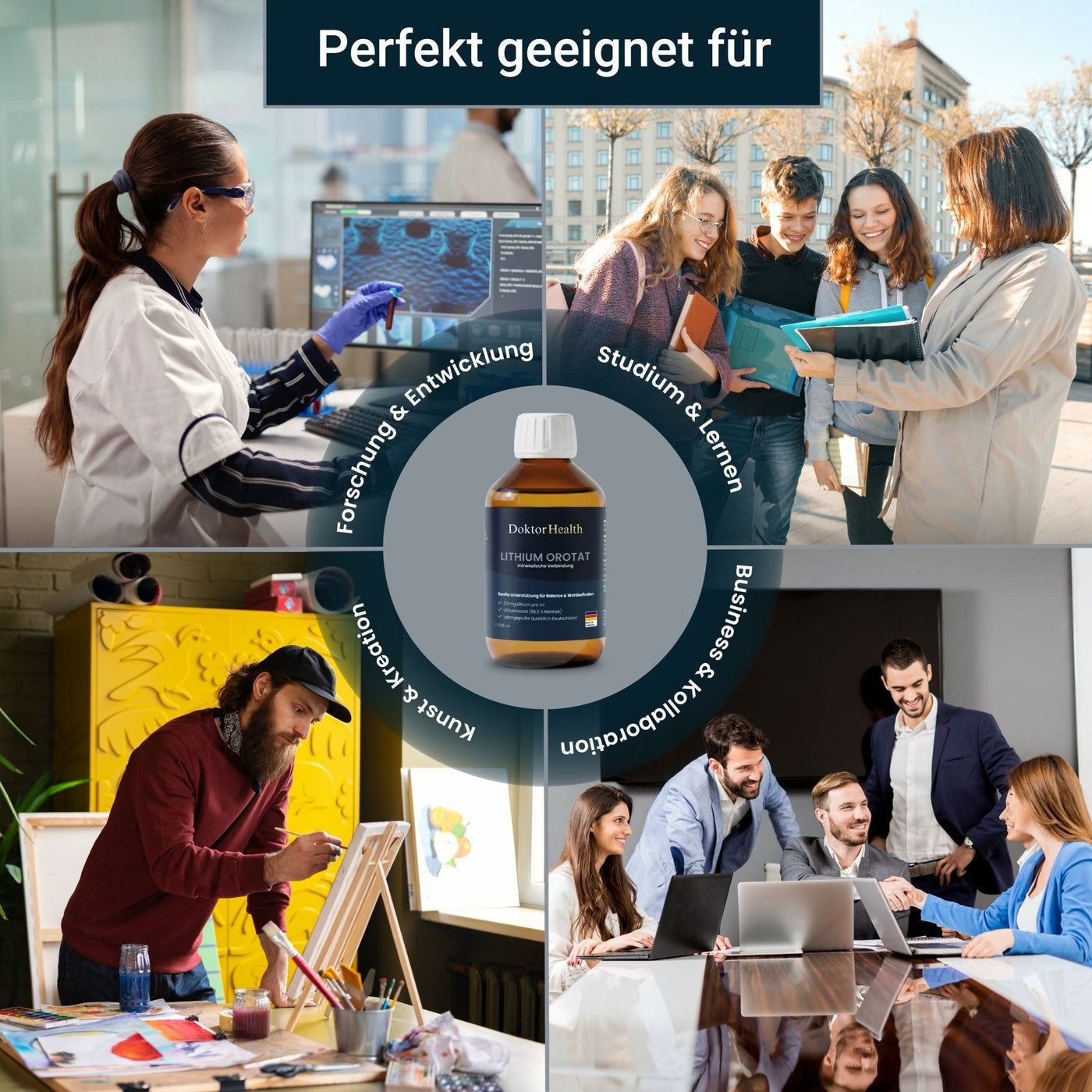 Image montrant une bouteille de Doktor Health Lithium Orotat, entourée de scènes de recherche, d'études, d'art et d'affaires.