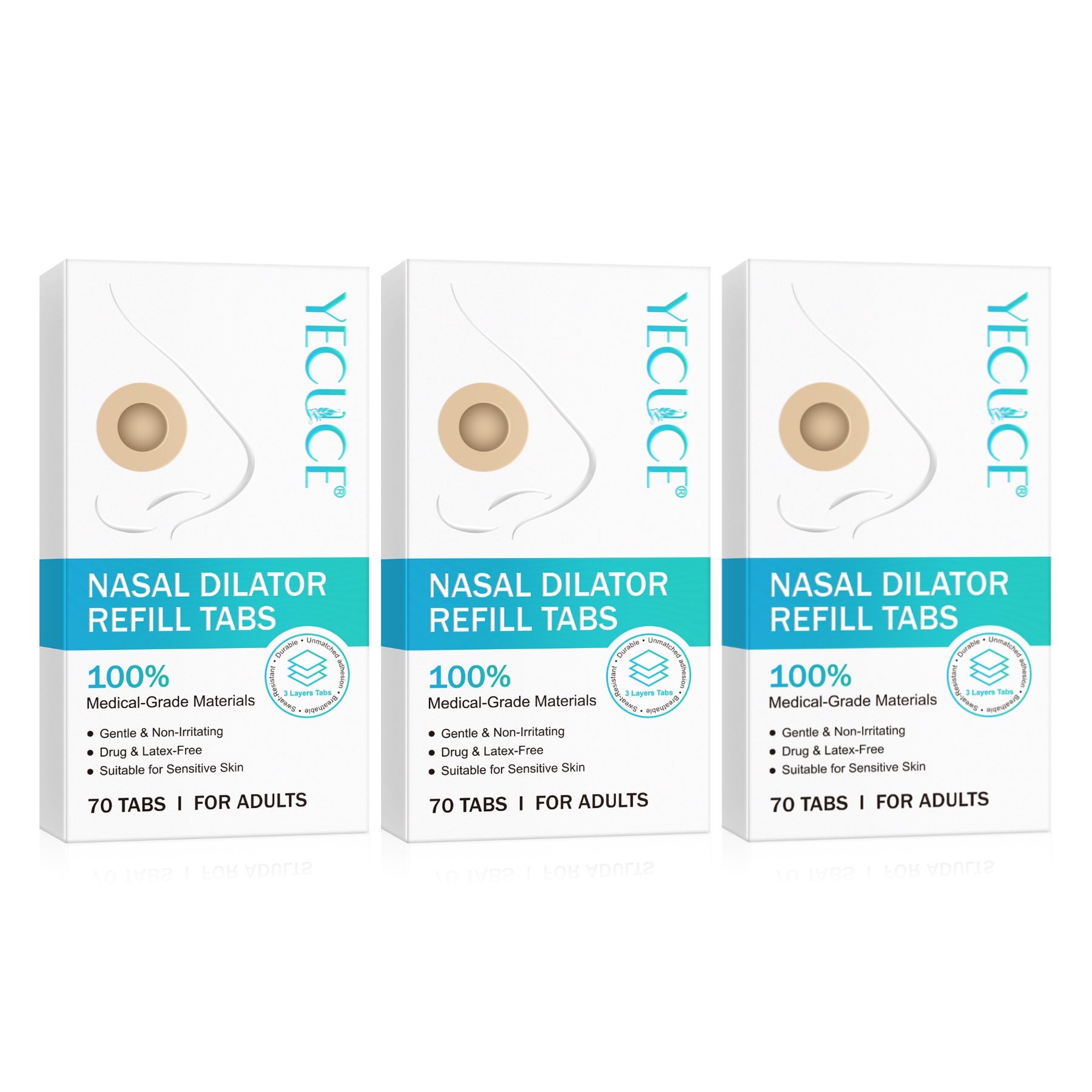 Drie verpakkingen neusstrips met opdruk. Tekst: Nasal Dilator Refill Tabs, 100% Medical-Grade Materials, 70 Tabs I For Adults.