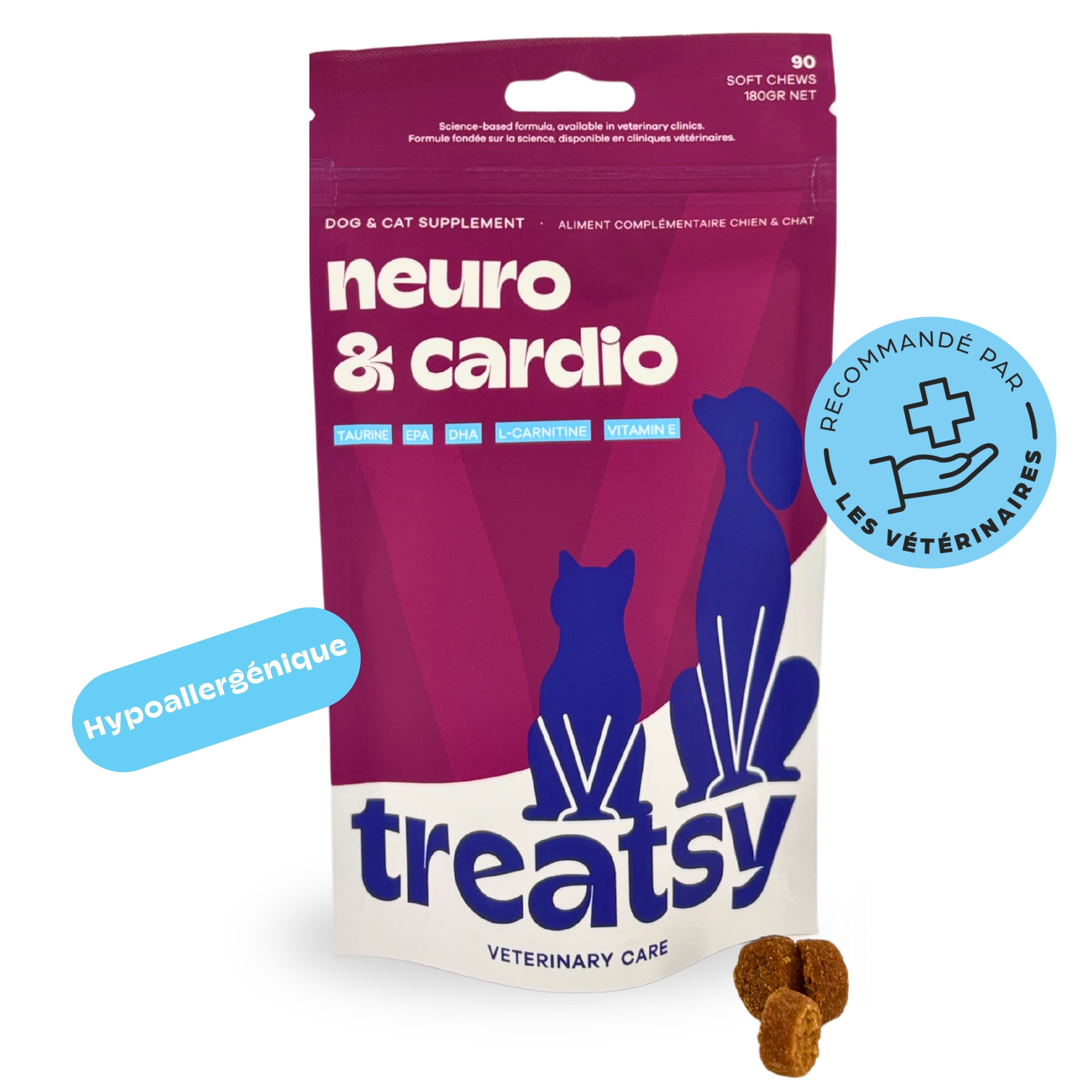 Sachet avec inscription Neuro & Cardio. Marque : Treatsy. Pour chiens et chats. Texte : Hypoallergénique, Recommandé par les vétérinaires.