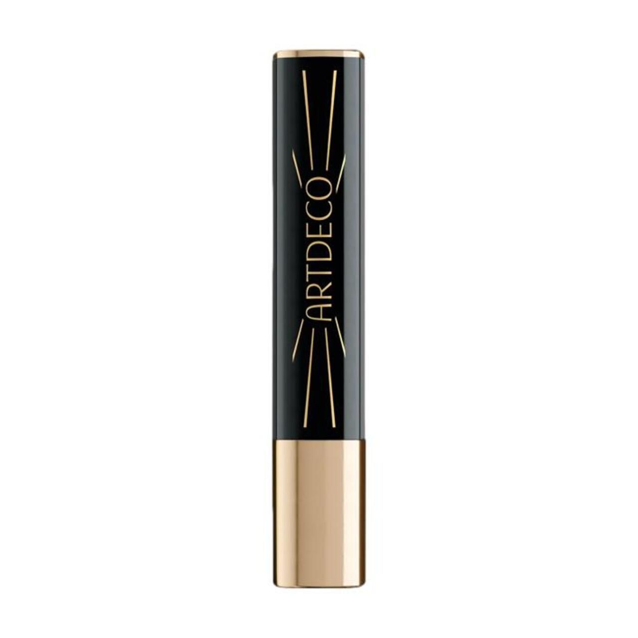 Gesloten lipstick. Zwarte huls met gouden belettering en gouden bodem.