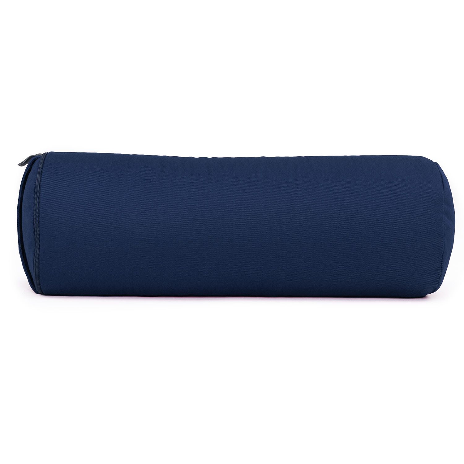 Mini-bolster de yoga bleu foncé, cylindrique. Housse en tissu avec fermeture éclair.