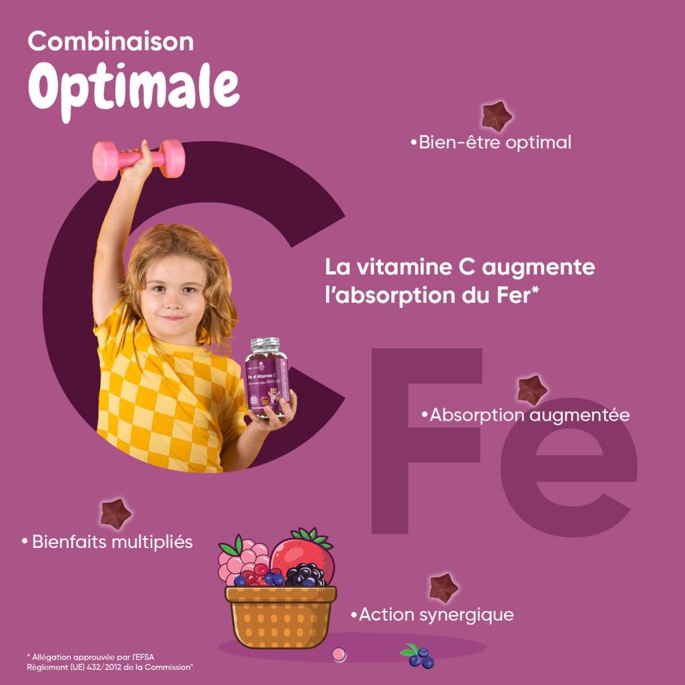 Enfant avec haltère. Inscription : La vitamine C augmente l'absorption du fer. Avantages multipliés. Action synergique.