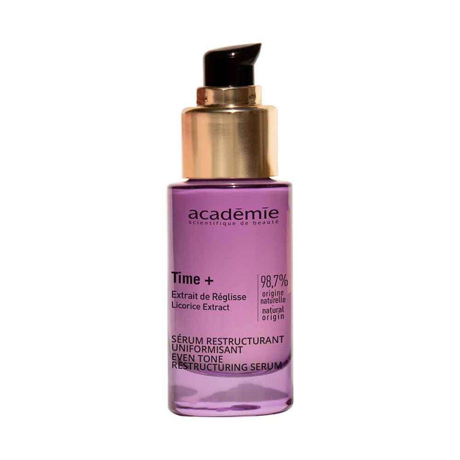 Paarse serumfles met gouden dop. Opschriften: Académie, Time+, Sérum Restructurant Uniformisant, 98,7% natuurlijke oorsprong.