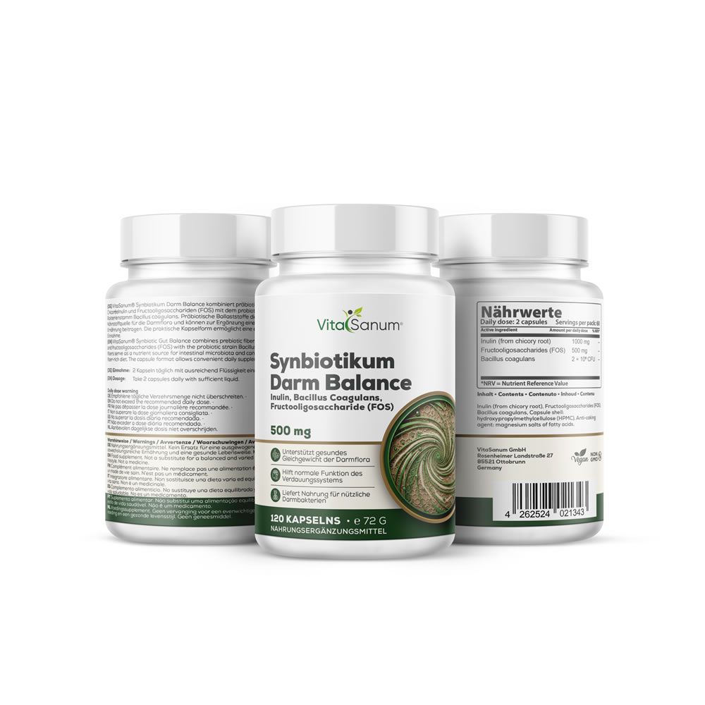 Trois flacons VitaSanum Synbiotikum Darm Balance. Le flacon avant montre l'étiquette avec le nom du produit et les informations nutritionnelles.