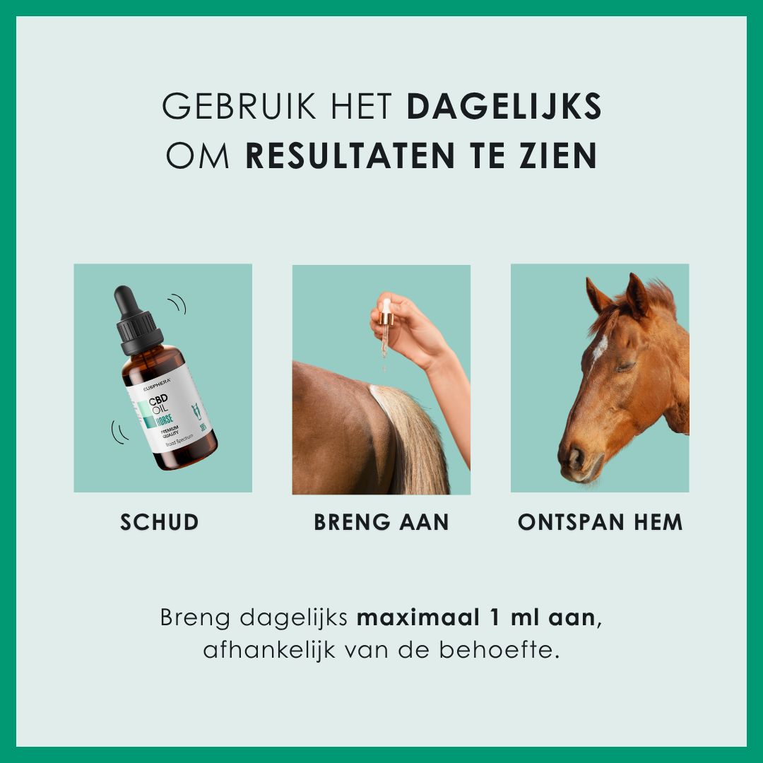 Gebruik van CBD Oil Horse. Schudden, aanbrengen, kalmeren. Tot 1 ml per dag.