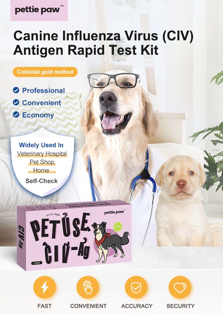 Verpakking 'Pettie Paw' voor snelle test honden-influenza-antigeen. Hond met bril en puppy.