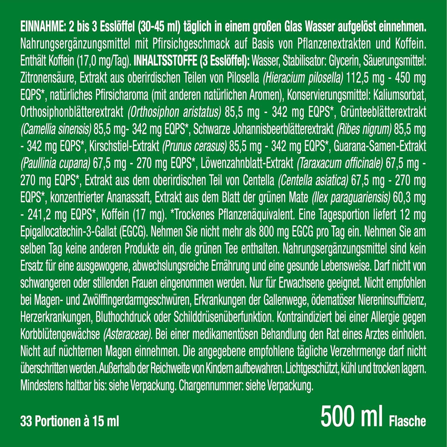 Texte sur fond vert. Texte: Dosage: 2 à 3 cuillères à soupe (30-45 ml) par jour. Bouteille de 500 ml.