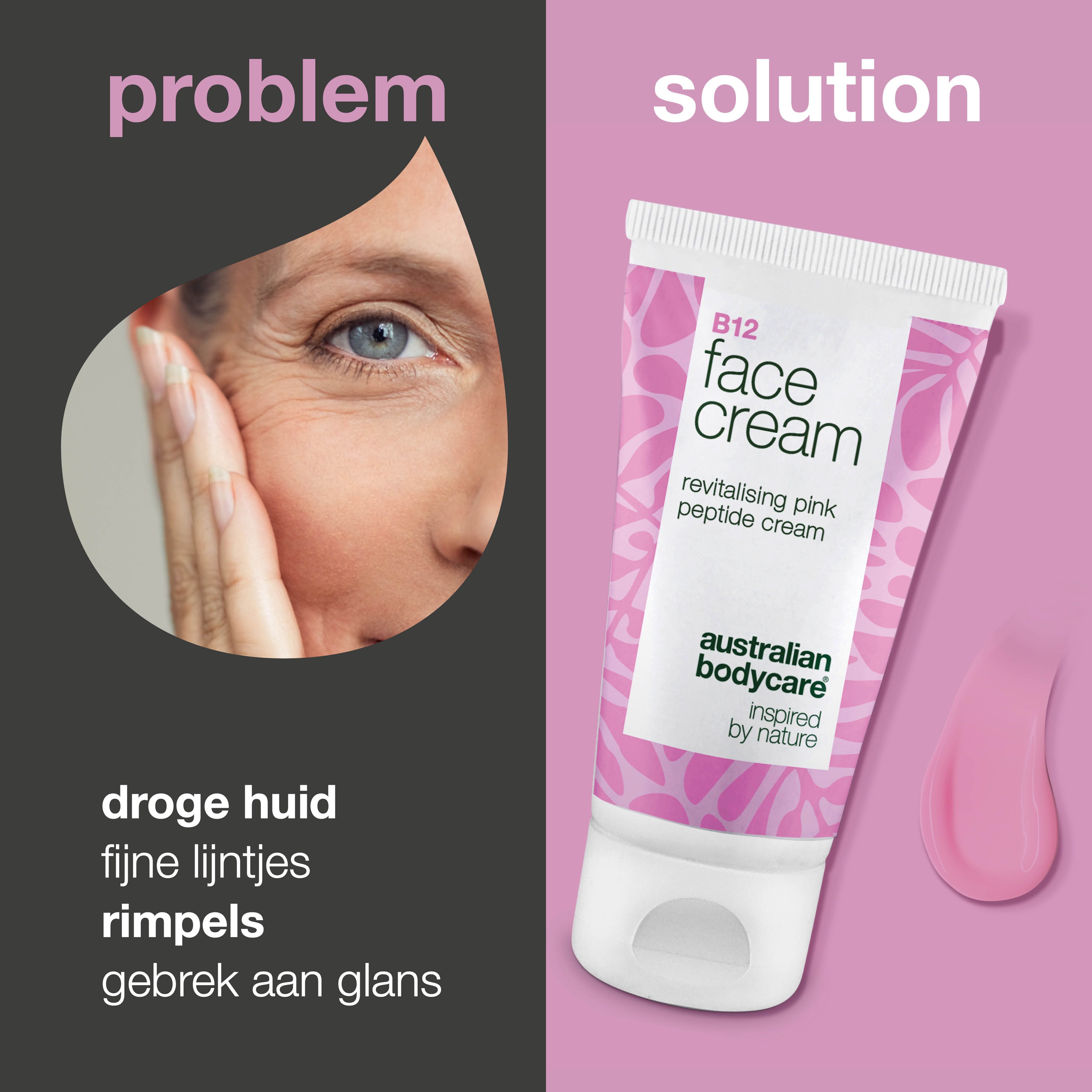 Gezicht van een vrouw met rimpels. Daarnaast tube B12 Face Cream. Opschrift: Face Cream, Australian Bodycare. Roze vlek.