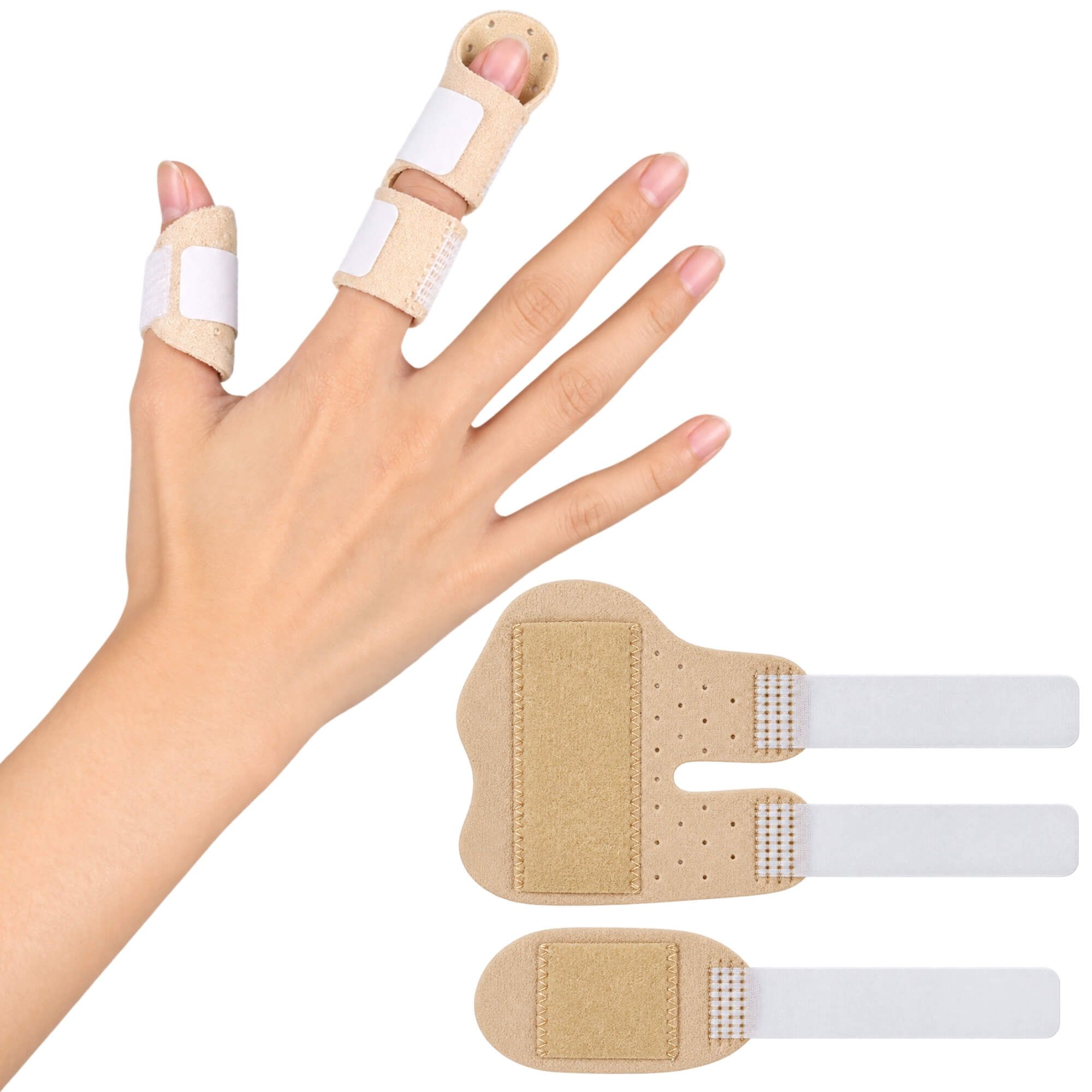 Vingerbraces met klittenband, die de vinger stabiliseren.