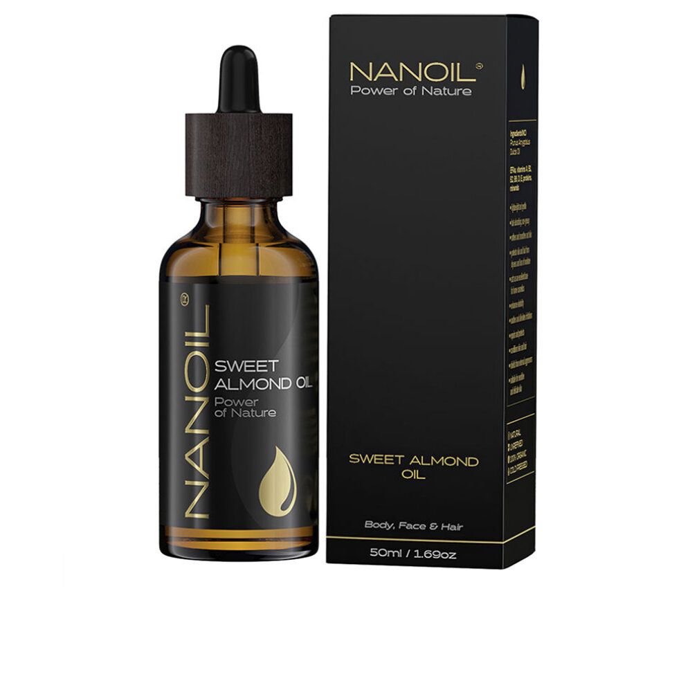 Bruine glazen fles met pipet en zwarte verpakking. Opschrift: Nanoil Sweet Almond Oil.