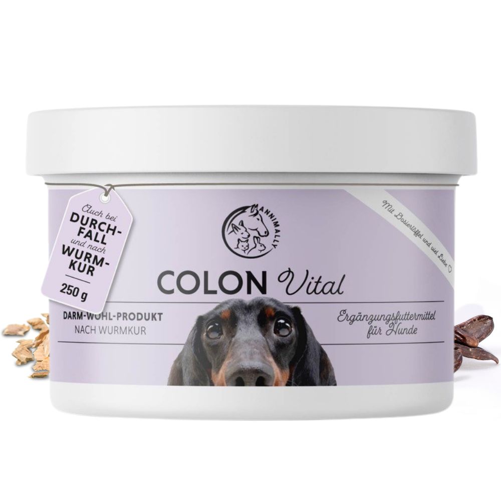 Pot blanc. Inscription: COLON Vital. Contient 250g. Pour chiens. Texte: Produit bien-être intestinal après vermifugation.