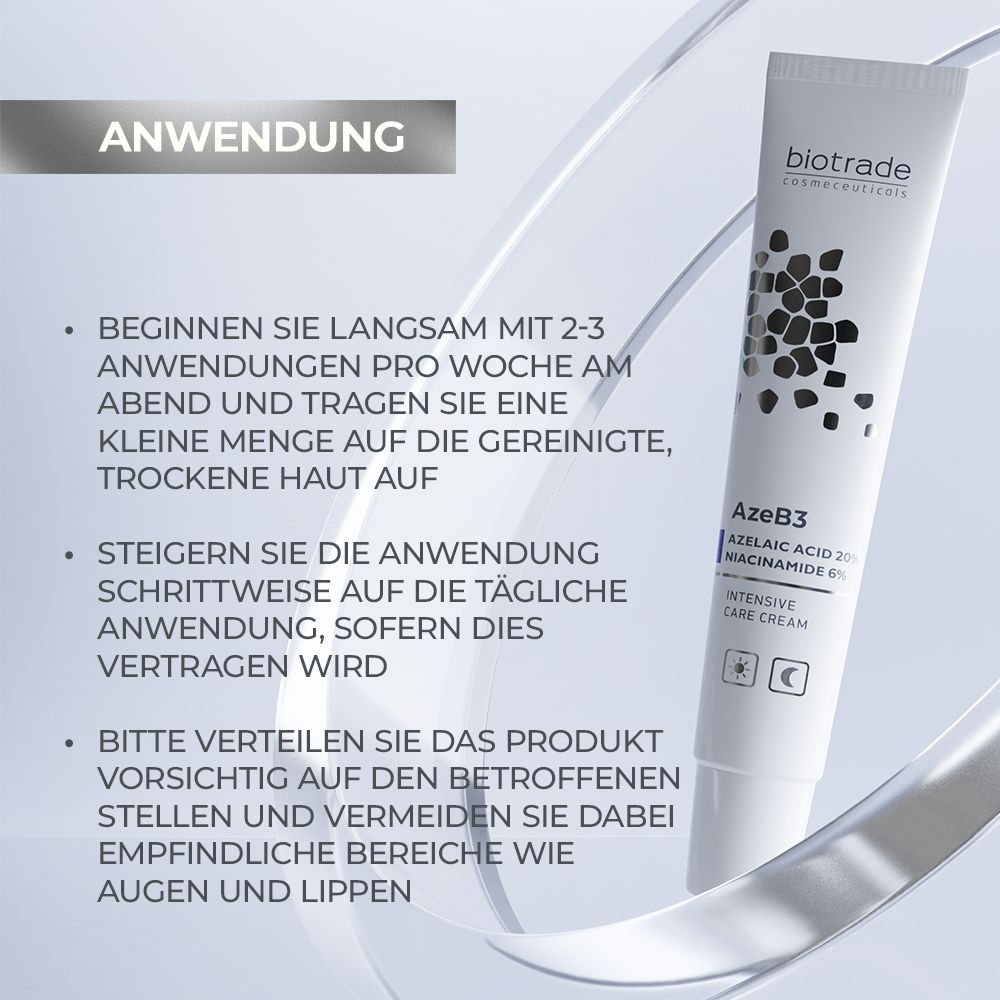 Tube blanc avec nom et texte du produit. Texte: Application: 2-3 fois par semaine le soir, appliquer une petite quantité, augmenter progressivement.
