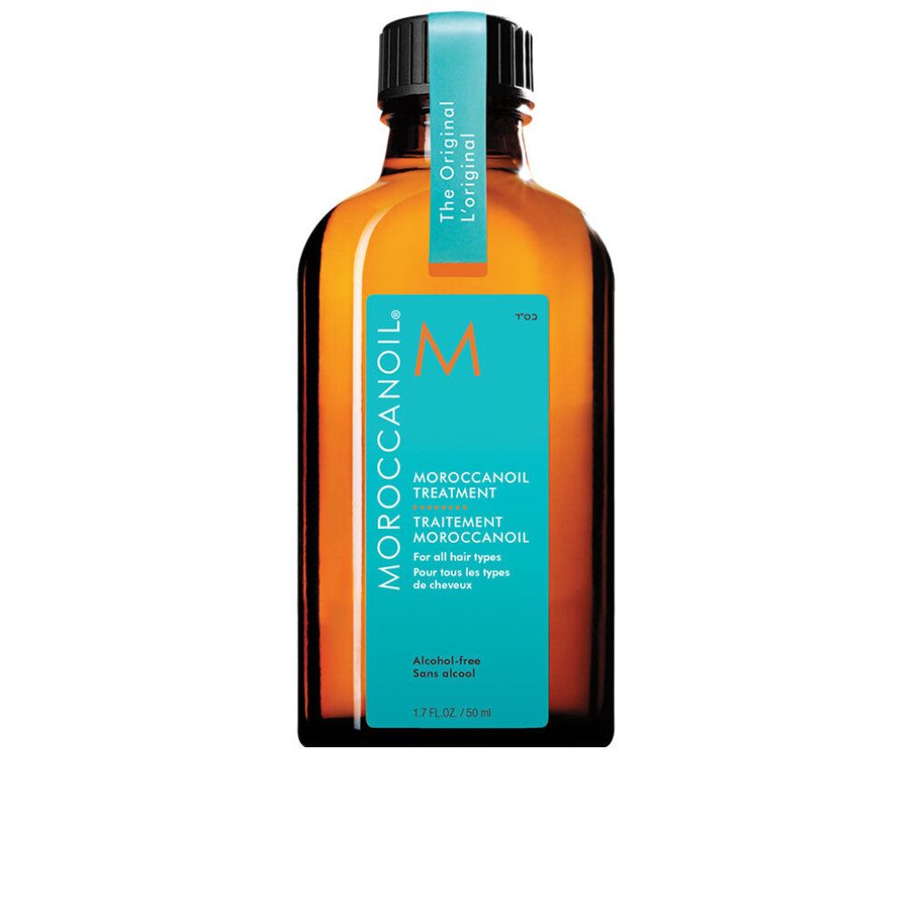 Bouteille Moroccanoil Treatment. Verre brun ambré avec étiquette turquoise, logo 'M' orange et bouchon noir.
