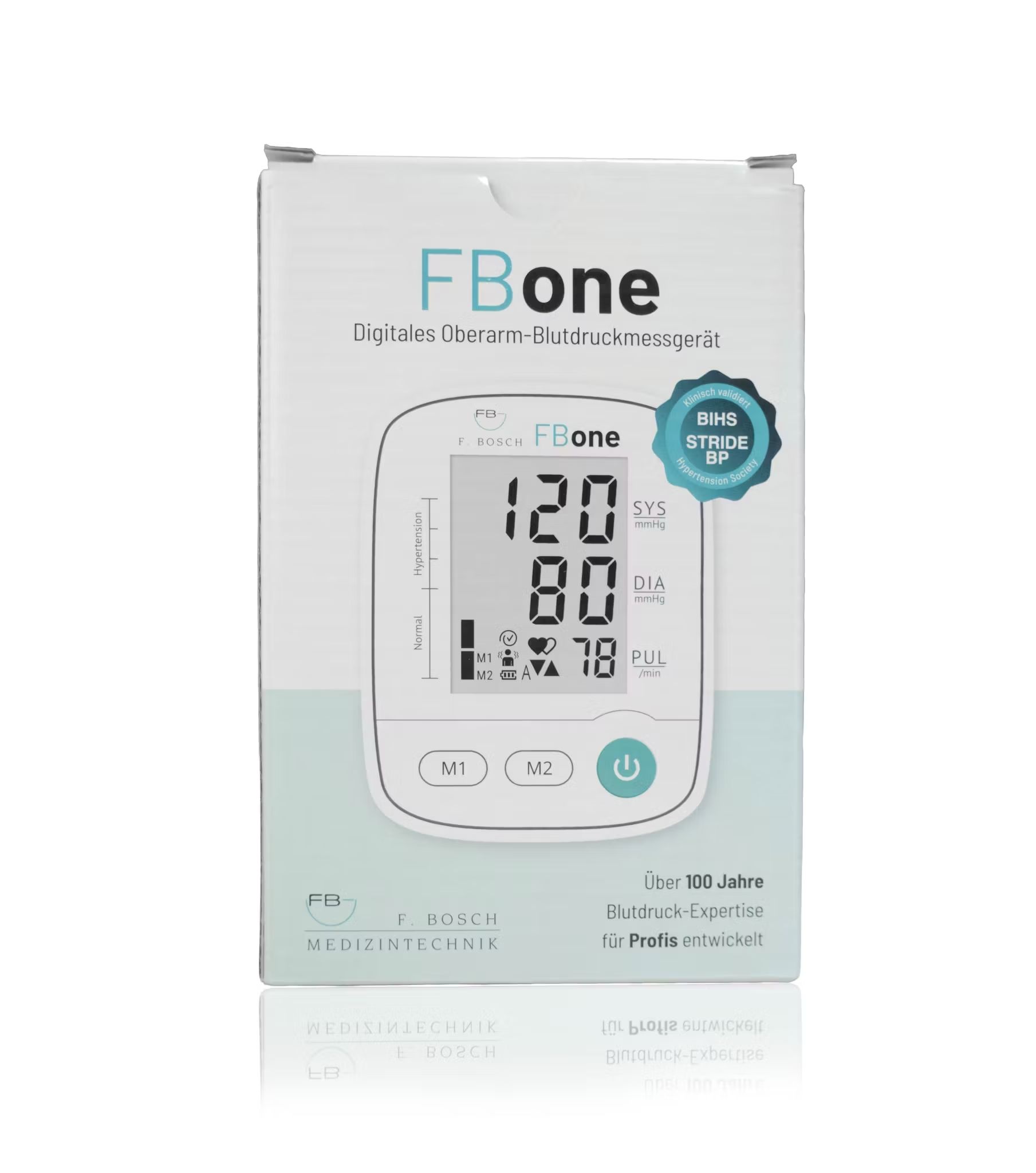 Tensiomètre de bras FBone sur emballage. Affiche les mesures et le sceau BH Stripe.