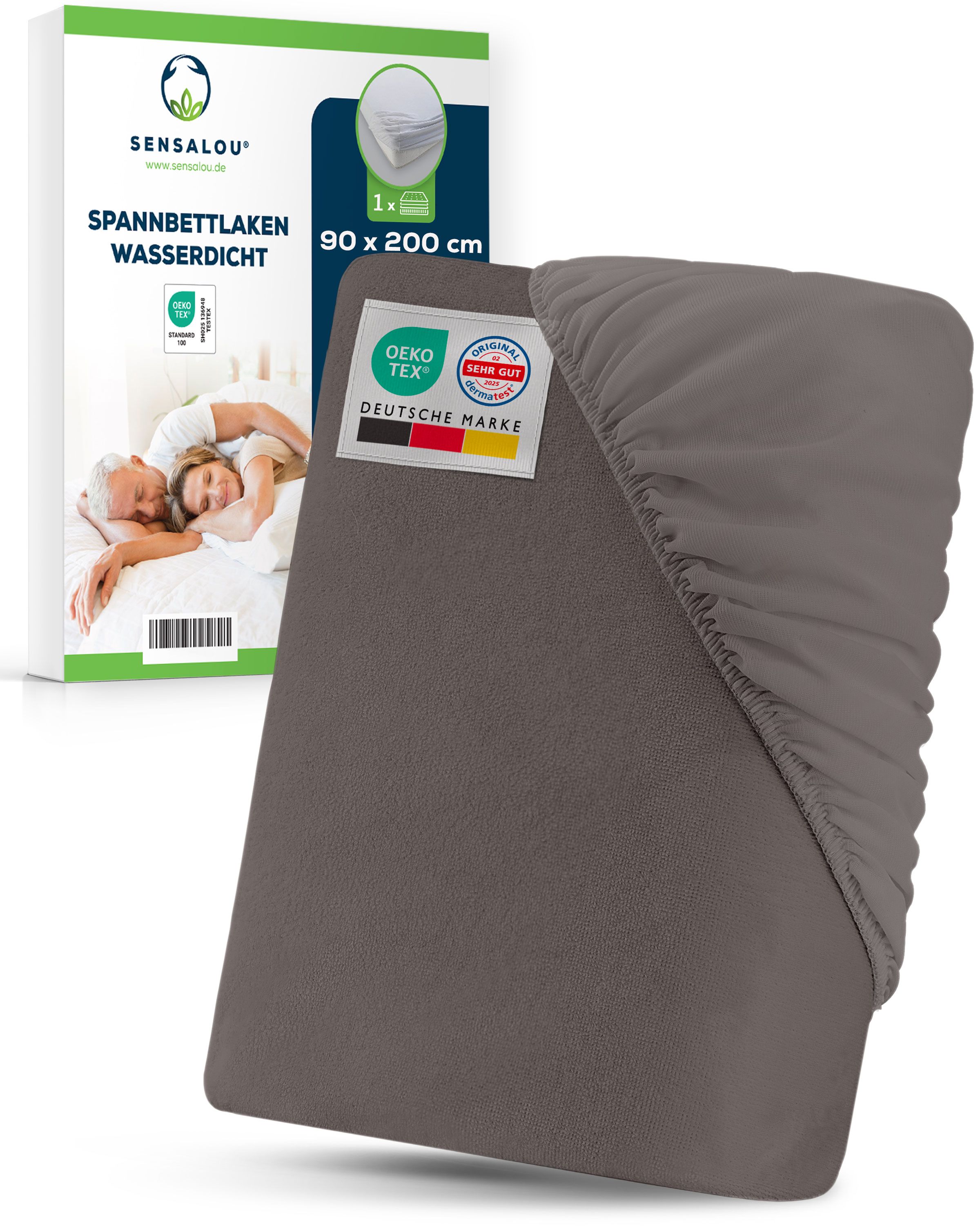 Drap-housse gris, 90x200 cm, imperméable. Emballage avec image d'un couple et sceaux.