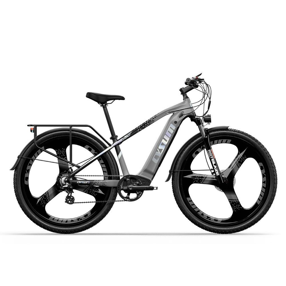 Grijze elektrische fiets met zwarte wielen. CYSUM-logo en bagagerek zichtbaar.