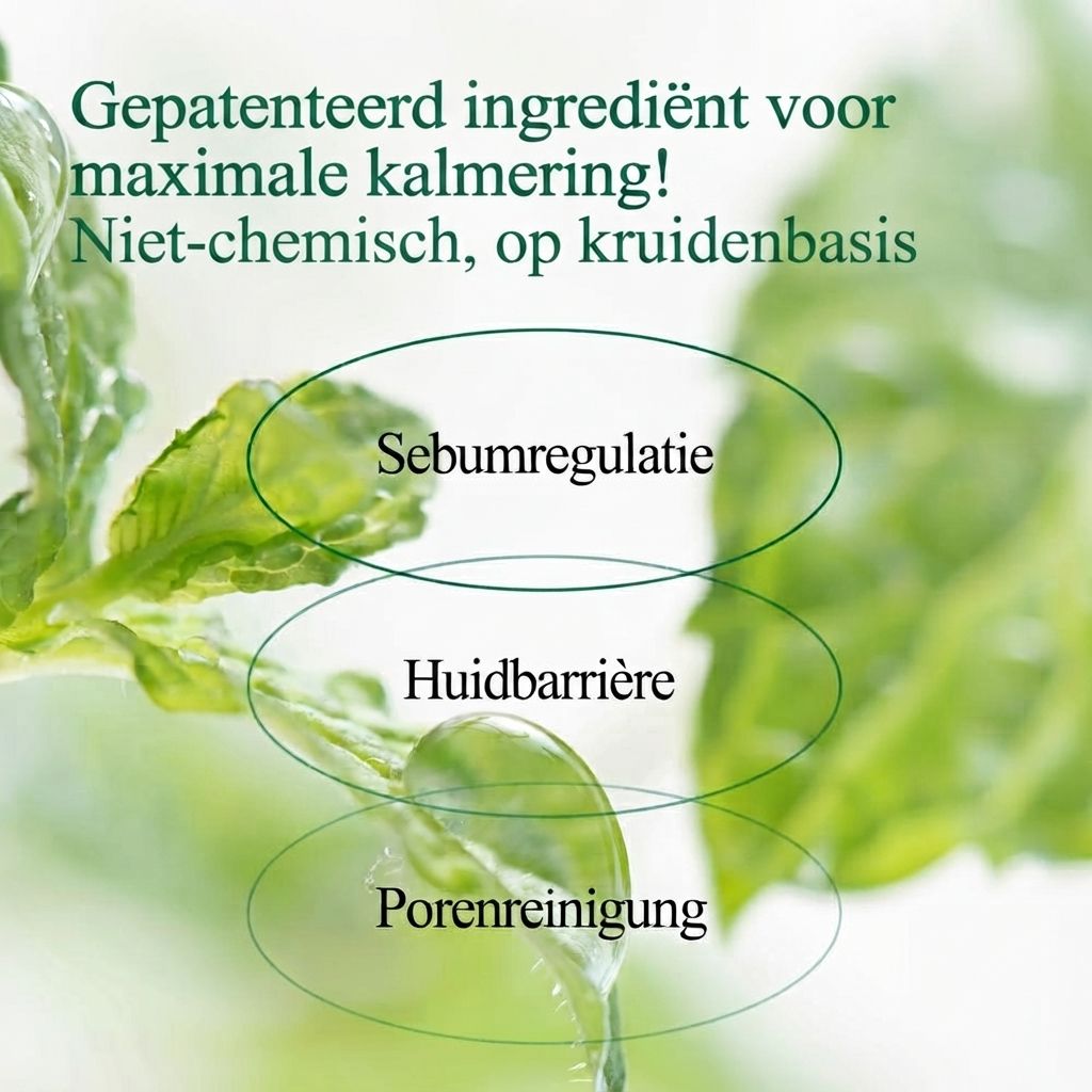 Grafiek toont effectiviteit: Huidbarrière +10%, Roodheid -13%, Talg -47%.