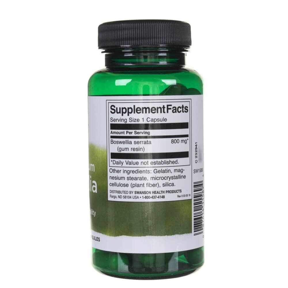 Arrière d'une bouteille verte de Swanson Boswellia spectre complet. Faits nutritionnels et ingrédients visibles.