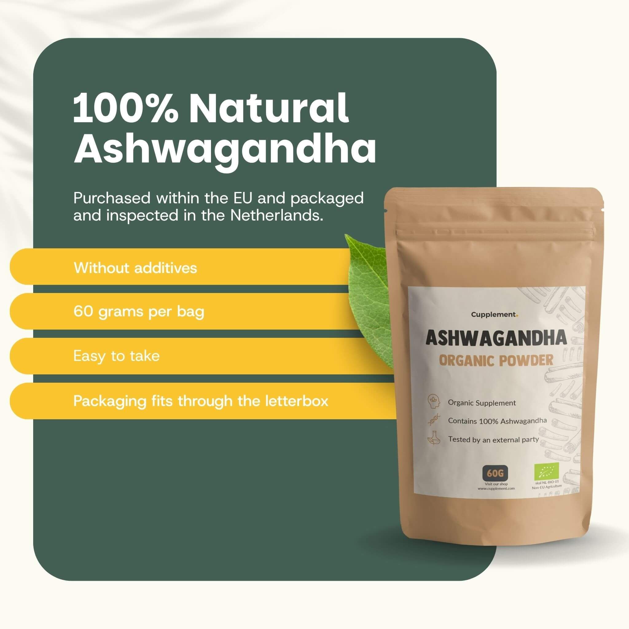 Sachet Cupplement Ashwagandha Organic Powder. Texte : 100% naturel, 60 grammes par sachet, facile à prendre. Label bio.