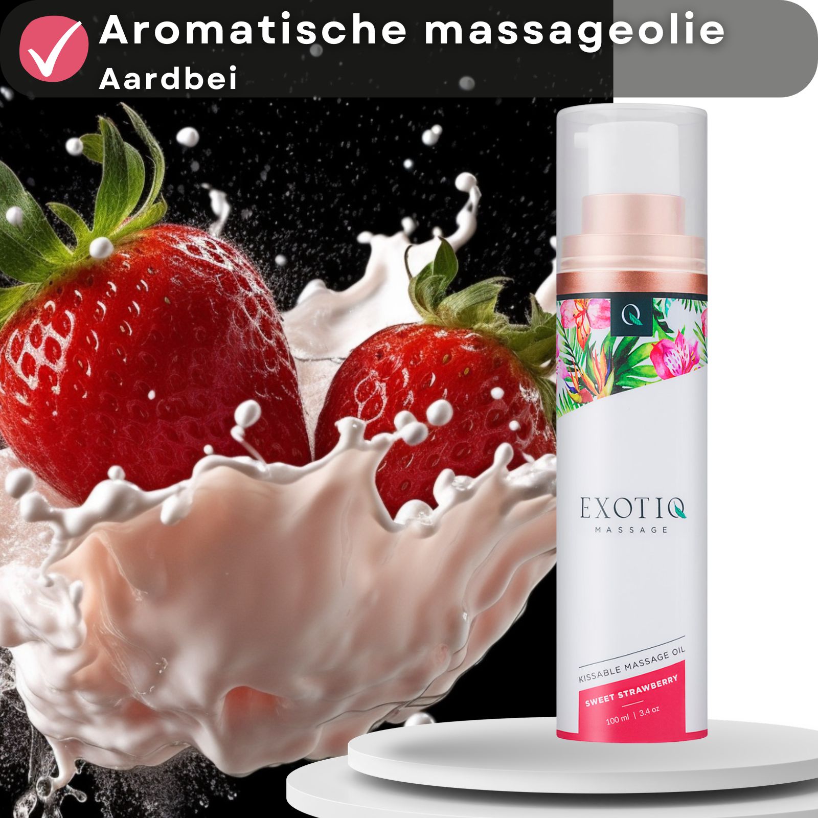Product advertentie. Vrouw met gesloten ogen, massageolie fles. Tekst: Op oliebasis, voedt de huid.