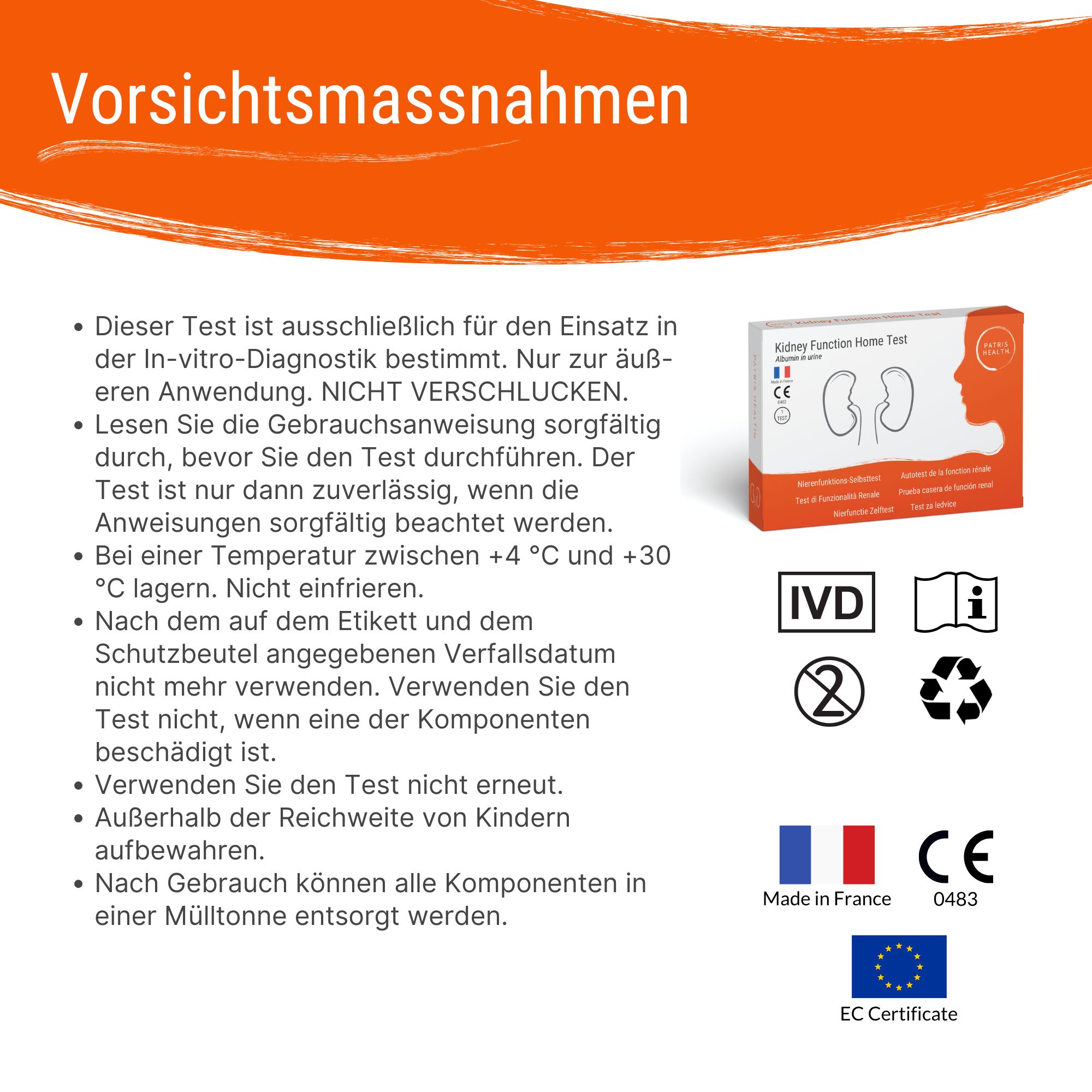 Voorzorgsmaatregelen voor de test. Bevat informatie over opslag, gebruik en verwijdering. Oranje achtergrond.