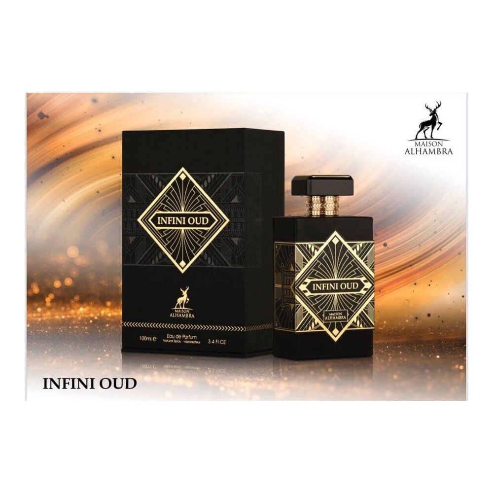 Flacon et boîte de parfum noirs avec détails dorés. Inscription "INFINI OUD" et "MAISON ALHAMBRA".